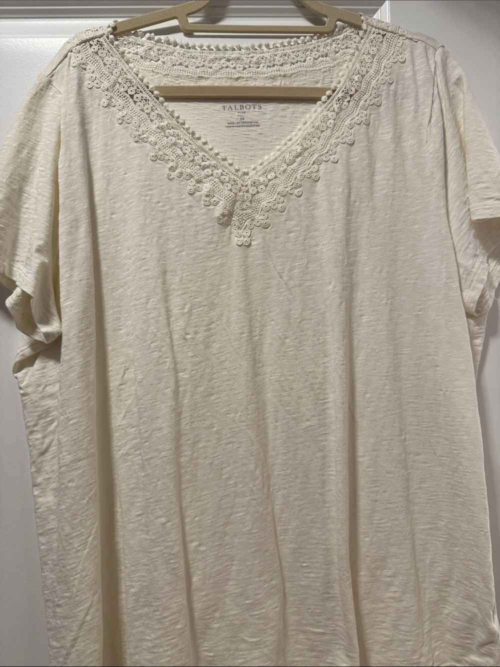 Talbots Cream Crochet-Trim V-Neck Short Sleeve Tee